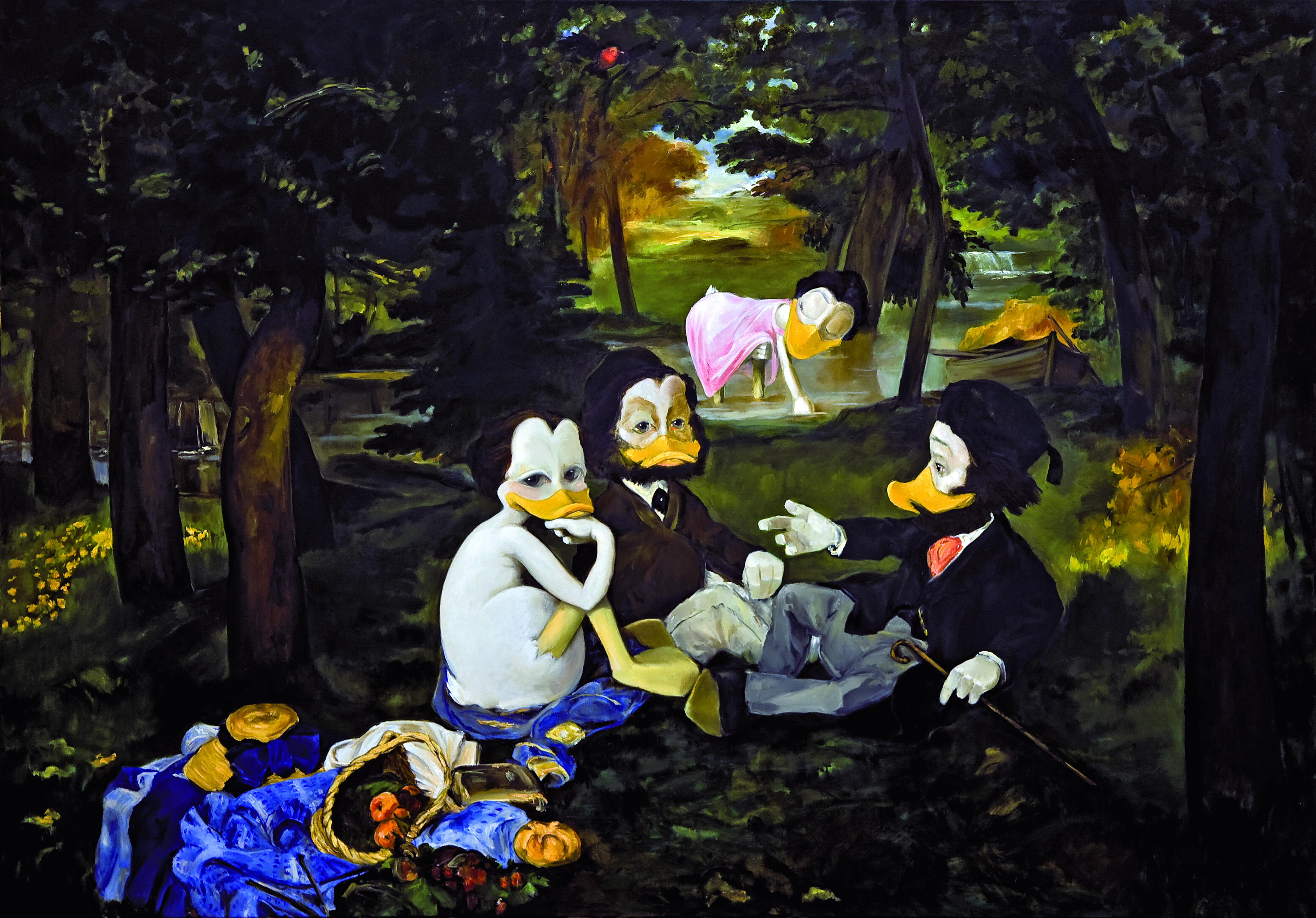 Die Personen auf dem berühmten Bild von Édouard Manet"Frühstück im Grünen" sind als Enten dargestellt.