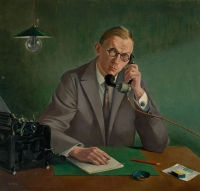 Ein Gem&auml;lde von Erich M&uuml;ller Kamp an seinem Schreibtisch am telefonieren.