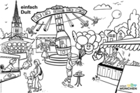 Schwarz-Weiss-Zeichnung vom M&uuml;nchner Jahrmarkt "Auer Dult"