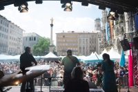 A band plays on the stage at Marienplatz during the Munich City Birthday.