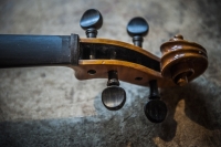The head plate of a violin made of turned wood with black tuning pegs.