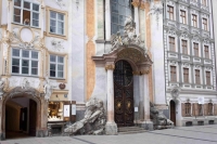 Row of houses at the Sendlinger Stra&szlig;e in Munich with the portal of the Asamkirche and the two neighboring houses.