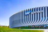 The fa&ccedil;ade of the SAP Garden multifunctional arena in Munich's Olympic Park
