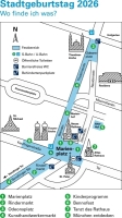 Grafik der M&uuml;nchner Innenstadt, auf der Stra&szlig;en und Pl&auml;tze auf den der Stadtgeburtstag 2026 gefeiert wird, markiert sind.