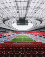 View of the interior of the Allianz Arena with the FC Bayern logo in the background.