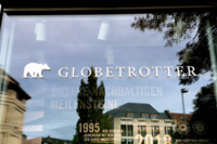 Shop window of the outdoor shop Globetrotter in Munich.