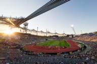 Blick in das Olympiastadion München bei Sonnenuntergang während der European Championships 2022.