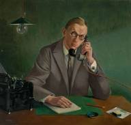 Ein Gem&auml;lde von Erich M&uuml;ller Kamp an seinem Schreibtisch am telefonieren.