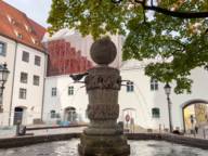 Eine Taube sitzt auf dem Brunnen im Alten Hof in München.