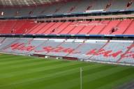 Trib&uuml;ne in der Allianz Arena in M&uuml;nchen, auf den Sitzen ist der Schriftzug `Mia san mia` zu sehen.
