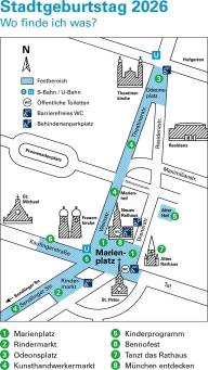 Grafik der M&uuml;nchner Innenstadt, auf der Stra&szlig;en und Pl&auml;tze auf den der Stadtgeburtstag 2026 gefeiert wird, markiert sind.