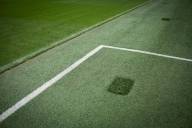 Nahaufnahme des Fußballfeldes in der Allianz Arena mit einer weißen Ecklinie.