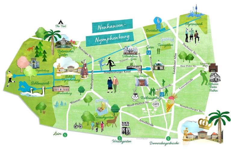 Eine illustrierte Karte des Müncher StadtviertelsNeuhausen-Nymphenburg.