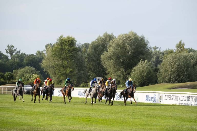 Several horses with jockeys race against each other at the Munich racecourse