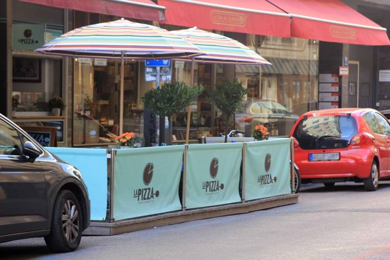 Striped parasols in the outdoor garden