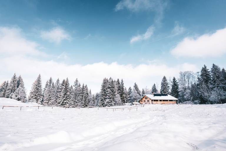 A house in a snowy landscape with trees in the background.