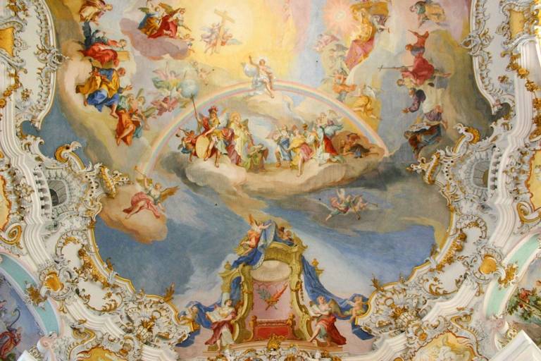Ceiling fresco in the Wieskirche, Pilgrimage Church of Wies, nearby Steingaden in the surrounding region of Munich.