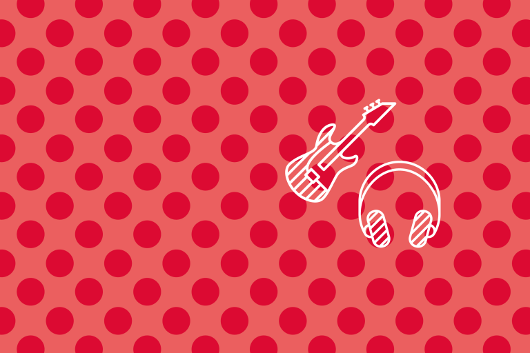 Rote Punkte mit München Icons: Kopfhörer und Gitarre.