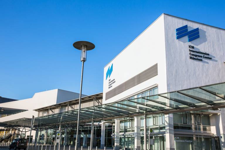 Exterior shot of the ICM International Congress Center in Munich.