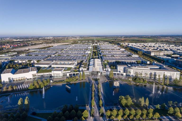 View from above of Messe Munich in the sunshine.
