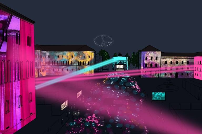 A drawing shows the colourfully lit Ludwigstraße and the Siegestor gate leading to the New Year's Eve celebrations.